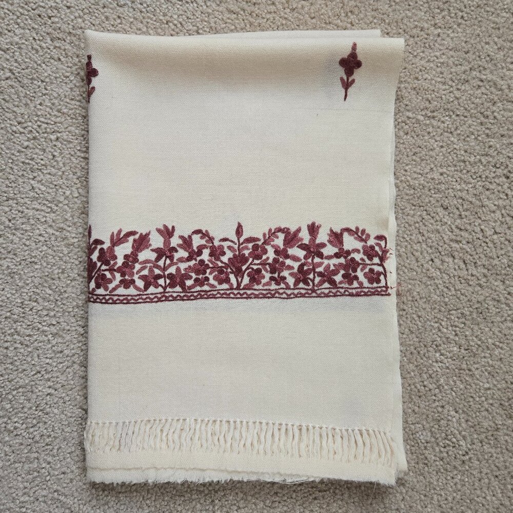 Woven Wool Scarf with Burgundy Pink Purple Embroidered Flowers and Unique Hem - Picture 1 of 11